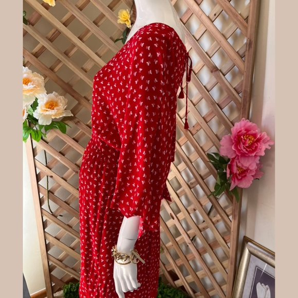 Stella Dress 12AU Red White Wrap Tie Waist leaves patterns V-Neck 3/4 Sleeves - Picture 4 of 10